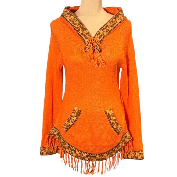 VTG 100% Alpaca Hooded Fringe Sweater Sz.S Orange Cabin Aztec Western Cowgirl - Picture 3 of 14